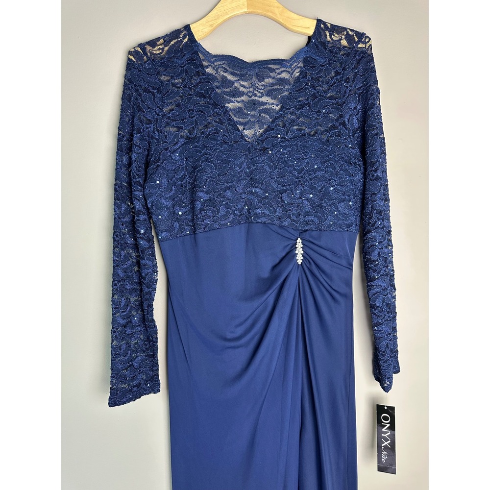 Onyx Nite Navy Blue Lace Sequin Long Sleeve Evening Gown Dress 12 644596 - Picture 2 of 8